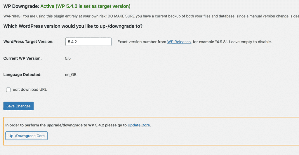 Wordpress core rollback